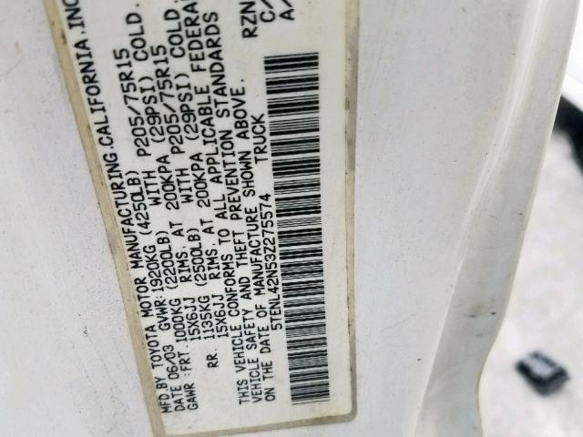 5TENL42N53Z275574 - 2003 TOYOTA TACOMA WHITE photo 10