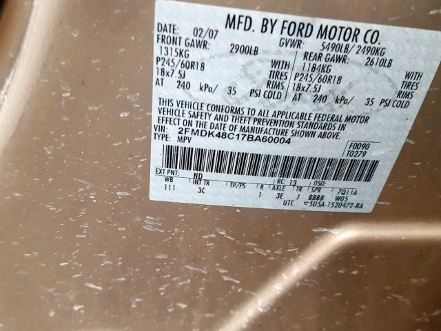 2FMDK48C17BA60004 - 2007 FORD EDGE SEL TAN photo 10