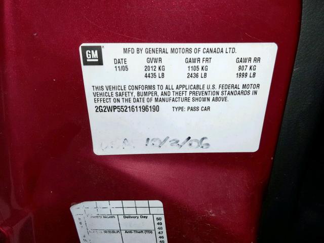 2G2WP552161196190 - 2006 PONTIAC GRAND PRIX MAROON photo 10