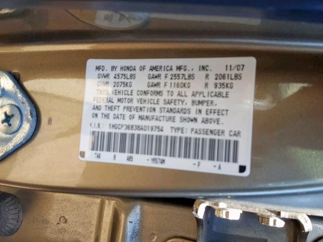 1HGCP36838A019754 - 2008 HONDA ACCORD EXL GOLD photo 10