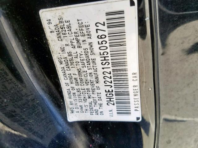 2HGEJ2221SH505672 - 1995 HONDA CIVIC DX BLACK photo 10