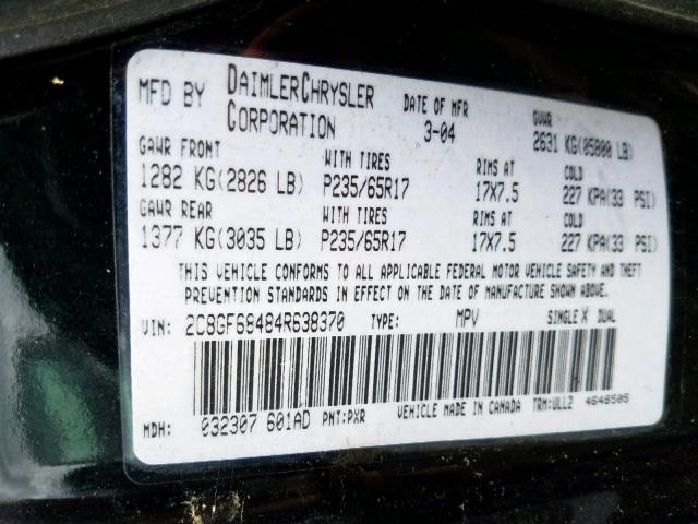 2C8GF68484R638370 - 2004 CHRYSLER PACIFICA BLACK photo 10