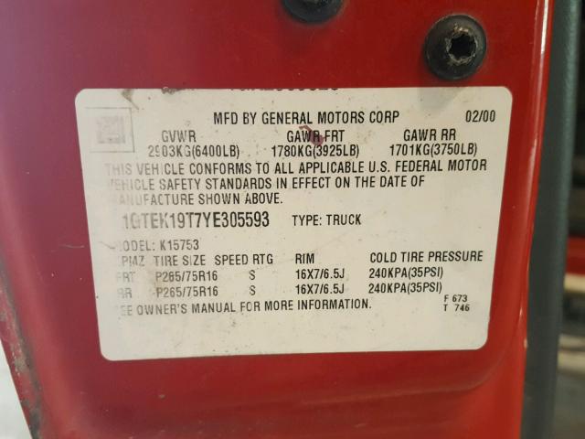 1GTEK19T7YE305593 - 2000 GMC NEW SIERRA RED photo 10