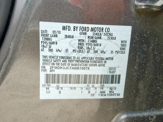 2FMDK3JC7ABB15678 - 2010 FORD EDGE SEL GRAY photo 10