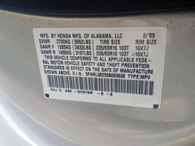 5FNRL38255B069698 - 2005 HONDA ODYSSEY LX SILVER photo 10