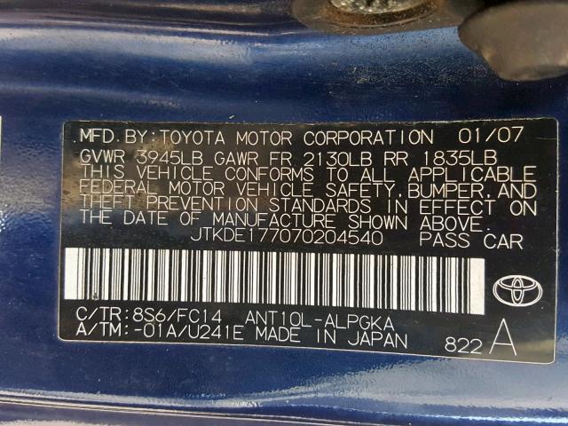 JTKDE177070204540 - 2007 TOYOTA SCION TC ლურჯი ფოტო 10