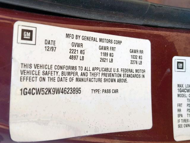 1G4CW52K9W4623895 - 1998 BUICK PARK AVENU MAROON photo 10