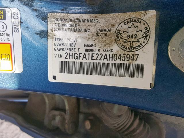 2HGFA1E22AH045947 - 2010 HONDA CIVIC DX BLUE photo 10