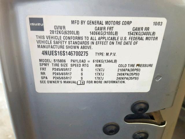 4NUES16S146700275 - 2004 ISUZU ASCENDER S 银色 照片 10