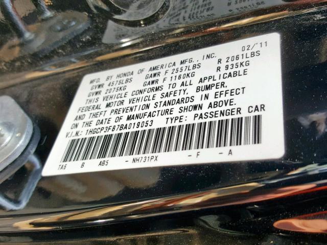 1HGCP3F87BA019053 - 2011 HONDA ACCORD EXL BLACK photo 10