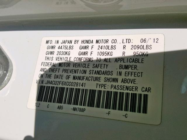 JH4CU2F6XCC028141 - 2012 ACURA TSX TECH WHITE photo 10