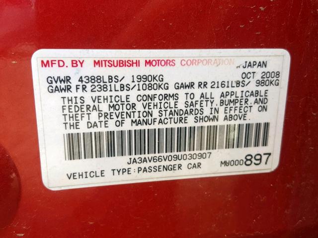 JA3AV66V09U030907 - 2009 MITSUBISHI LANCER RAL RED photo 10