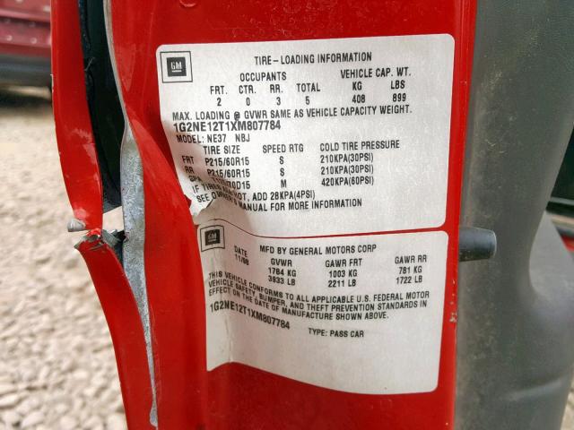 1G2NE12T1XM807784 - 1999 PONTIAC GRAND AM S RED photo 10