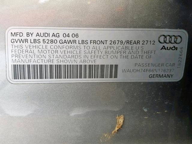 WAUDH74F66N176237 - 2006 AUDI A6 3.2 QUA GRAY photo 10