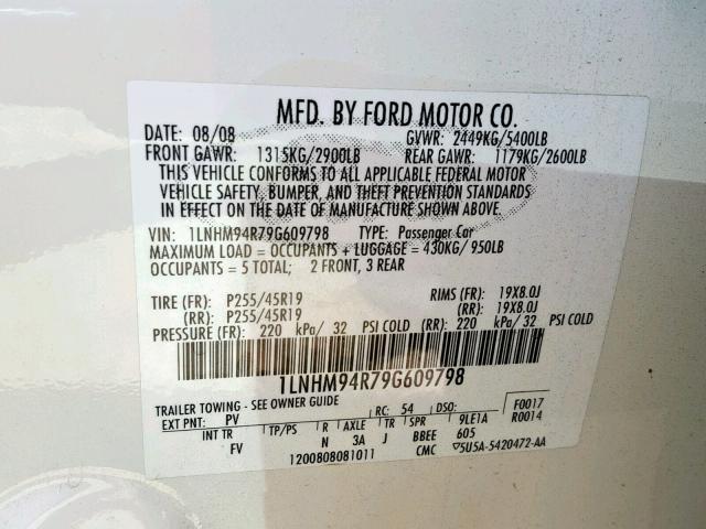 1LNHM94R79G609798 - 2009 LINCOLN MKS WHITE photo 10