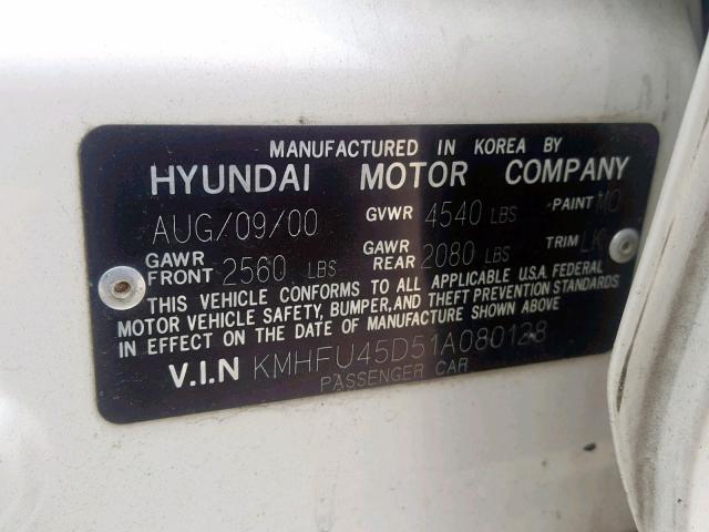 KMHFU45D51A080128 - 2001 HYUNDAI XG 300 WHITE photo 10