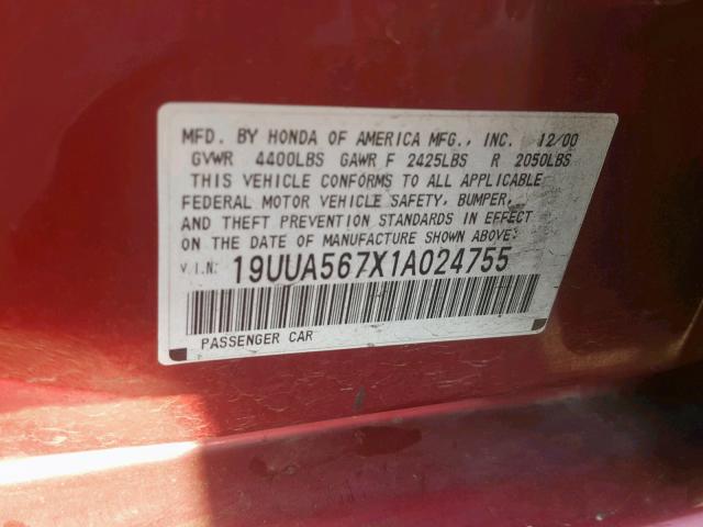 19UUA567X1A024755 - 2001 ACURA 3.2TL BURGUNDY photo 10