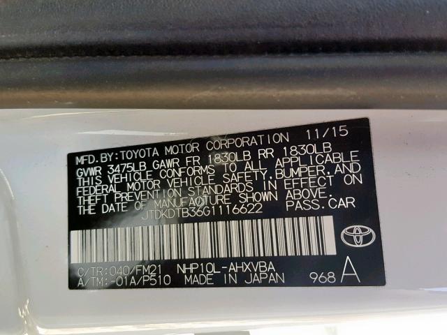 JTDKDTB36G1116622 - 2016 TOYOTA PRIUS C WHITE photo 10