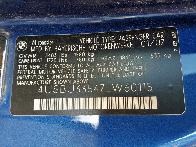 4USBU33547LW60115 - 2007 BMW Z4 3.0 BLUE photo 10