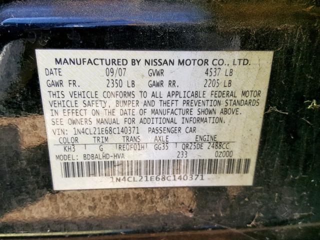 1N4CL21E68C140371 - 2008 NISSAN ALTIMA HYB BLACK photo 10