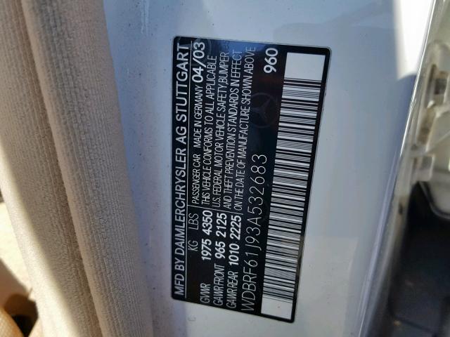 WDBRF61J93A532683 - 2003 MERCEDES-BENZ C 240 WHITE photo 10