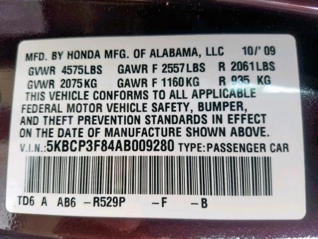 5KBCP3F84AB009280 - 2010 HONDA ACCORD EXL MAROON photo 10