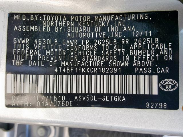 4T4BF1FKXCR182391 - 2012 TOYOTA CAMRY BASE SILVER photo 10