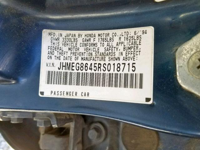 JHMEG8645RS018715 - 1994 HONDA CIVIC DX BLUE photo 10