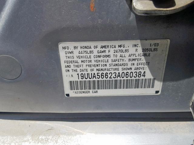 19UUA56623A060384 - 2003 ACURA 3.2TL SILVER photo 10