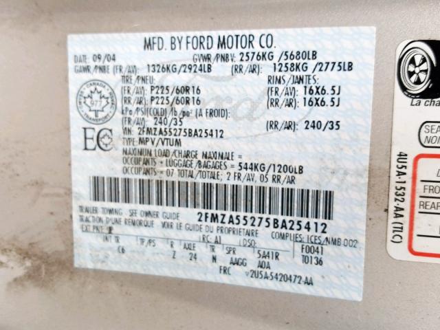 2FMZA55275BA25412 - 2005 FORD FREESTAR S SILVER photo 10