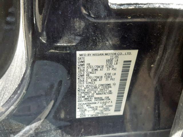 5N1AA08A66N716021 - 2006 NISSAN ARMADA SE BLACK photo 10