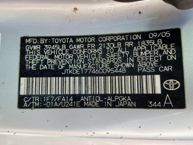 JTKDE177460095448 - 2006 TOYOTA SCION TC ვერცხლისფერი ფოტო 10