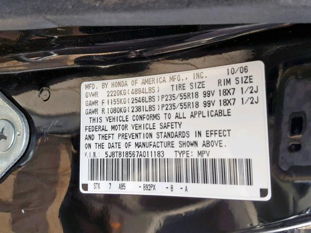 5J8TB18567A011183 - 2007 ACURA RDX TECHNO BLACK photo 10