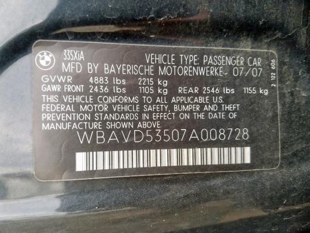 WBAVD53507A008728 - 2007 BMW 335 XI BLACK photo 10