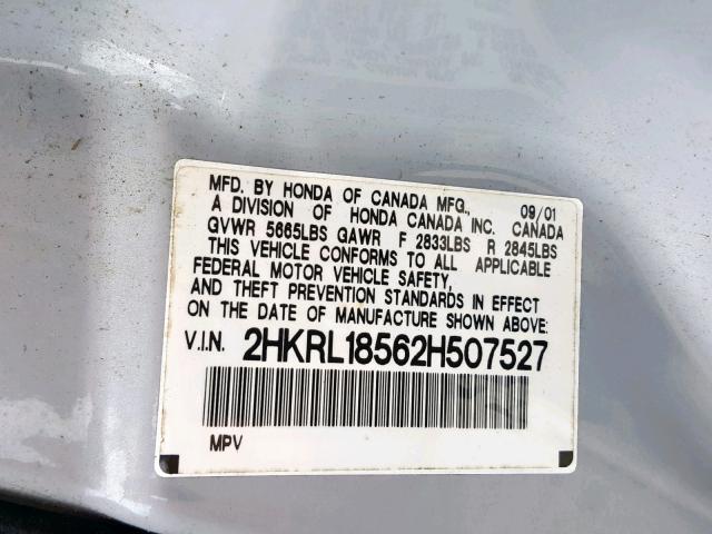 2HKRL18562H507527 - 2002 HONDA ODYSSEY LX SILVER photo 10