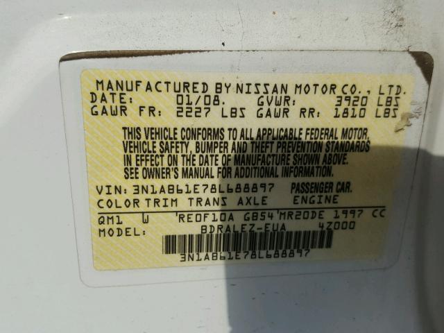 3N1AB61E78L688897 - 2008 NISSAN SENTRA 2.0 WHITE photo 10