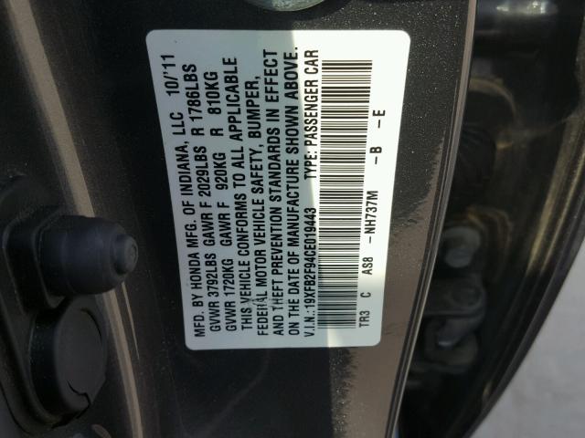 19XFB2F94CE019443 - 2012 HONDA CIVIC EXL GRAY photo 10