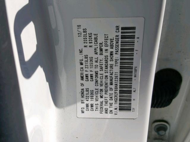 1HGCR2F98HA123671 - 2017 HONDA ACCORD EXL WHITE photo 10