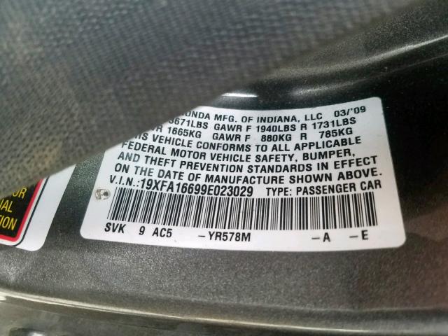 19XFA16699E023029 - 2009 HONDA CIVIC LX-S رمادي صورة 10