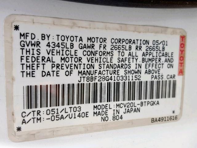 JT8BF28G410331152 - 2001 LEXUS ES 300 WHITE photo 10