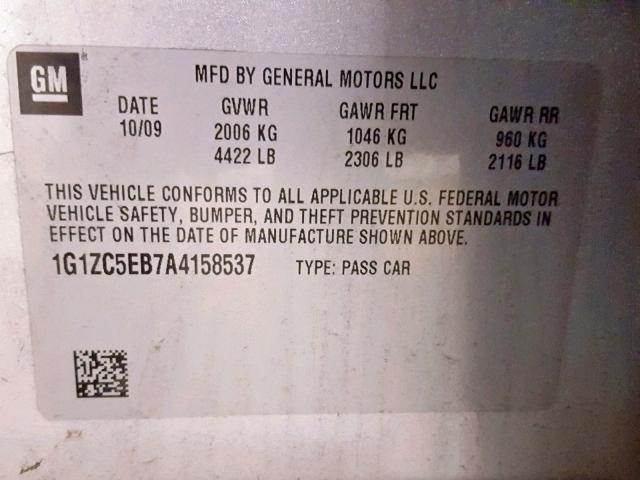 1G1ZC5EB7A4158537 - 2010 CHEVROLET MALIBU 1LT 银色 照片 10