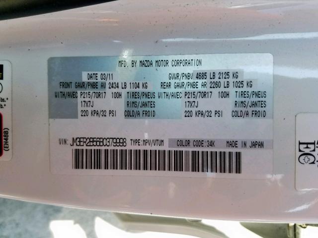 JM3ER2B56B0379998 - 2011 MAZDA CX-7 WHITE photo 10