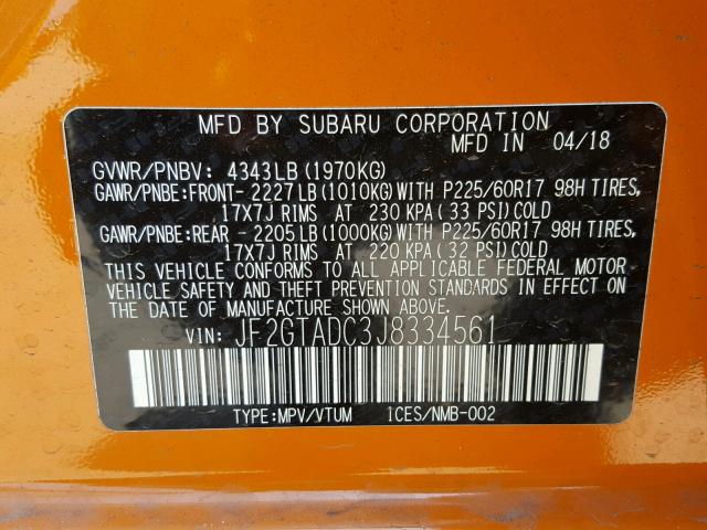 JF2GTADC3J8334561 - 2018 SUBARU CROSSTREK ORANGE photo 10