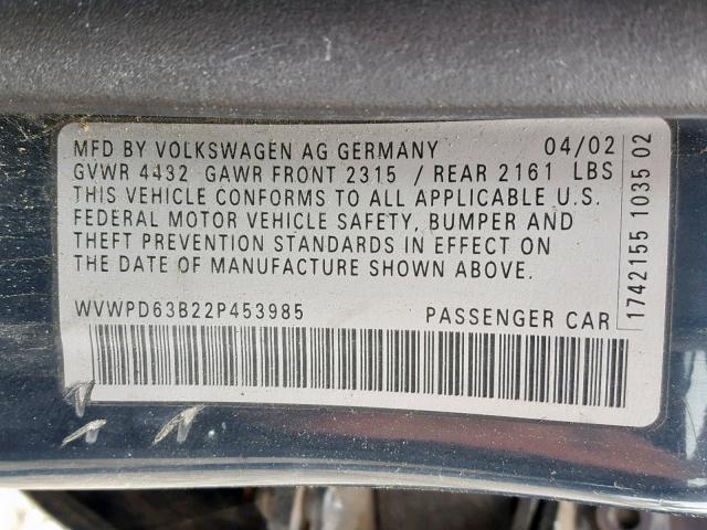 WVWPD63B22P453985 - 2002 VOLKSWAGEN PASSAT GLS BLUE photo 10