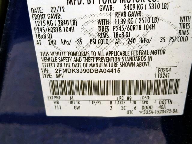 2FMDK3J90DBA04415 - 2013 FORD EDGE SEL BLUE photo 10