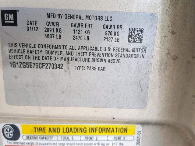 1G1ZG5E75CF270342 - 2012 CHEVROLET MALIBU LTZ ოქროსფერი ფოტო 10