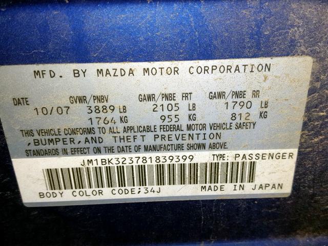 JM1BK323781839399 - 2008 MAZDA 3 S BLUE photo 10