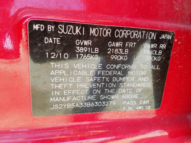 JS2YB5A33B6303279 - 2011 SUZUKI SX4 RED photo 10