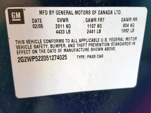 2G2WP522051274025 - 2005 PONTIAC GRAND PRIX BLUE photo 10