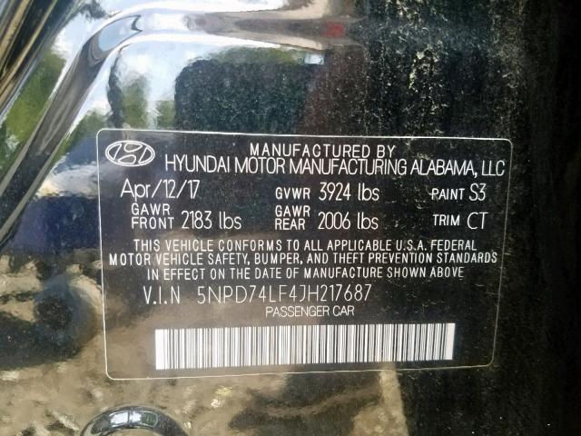 5NPD74LF4JH217687 - 2018 HYUNDAI ELANTRA SE BLACK photo 10